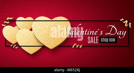 Valentines Tag Verkauf web Banner. Goldene Herz der glänzt in einem schwarzen Rahmen mit Bändern. Romantische Banner. Werbung Web Banner zum Verkauf. Spezielle ausschalten Stock Vektor