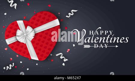 Happy Valentines Tag rot romantisch Banner. Geschenk aus dem Herzen. Roter Geschenkbox mit einem weißen Bogen auf einem dunklen Hintergrund. Hintergrund für Ihr Design. Confett Stock Vektor