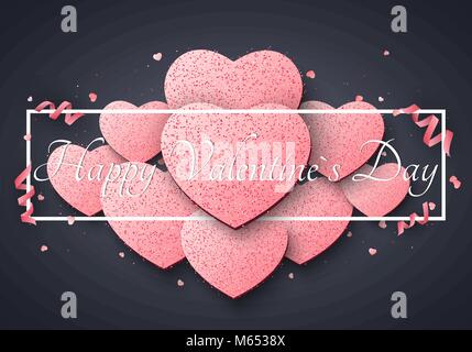 Romantische Luxus Karte für Valentines Tag. Großes Licht rosa Herzen der glitzert. Curl Bänder und Konfetti. Abstrakte Werbung Banner mit schwarzem Rahmen Ein Stock Vektor