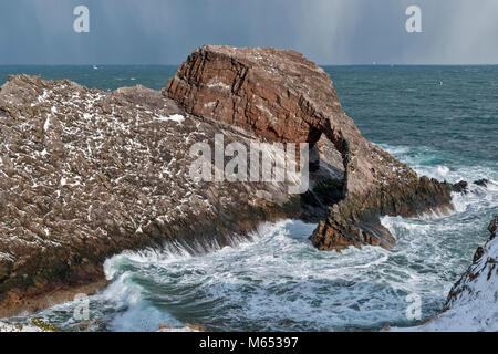 Küste von Moray in Schottland PORTKNOCKIE BOGEN GEIGE ROCK IM FEBRUAR WINTER bei starkem Wind und Schnee auf dem ROCK Stockfoto