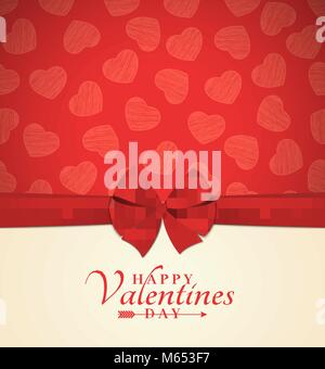 Einladungskarte für Valentines Tag. Rote Schleife. Realistische Band. Hintergrund der Herzen von scribbles. Für ihr Design Vorlage. Vector Illustration. Stock Vektor