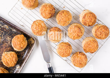 Frisch gebackenen Käse scones Kühlung in einem Draht Fach. Stockfoto