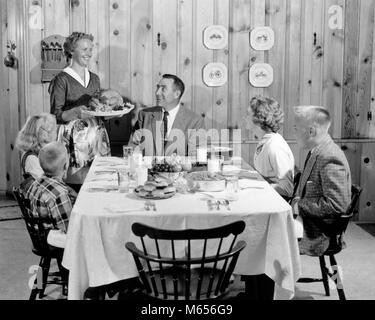 1950s Mutter, die TÜRKEI AUF PLATTE ZU LÄCHELN FAMILIE AM TISCH IN KNOTTY PINE getäfelten Speisesaal-d4349HAR 001 HARS MAHLZEIT MAMA ESSEN THANKSGIVING FEATHER NOSTALGISCHE, SUBURBAN BEZIEHUNG MÜTTER ALTE ZEIT BRUDER OLD FASHION SCHWESTER JUVENILE KAUKASISCHEN SÖHNE KIEFER LIFESTYLE FRAUEN VERHEIRATETE BRÜDER EHEPARTNER EHEMÄNNER GROWNUP GESUNDHEIT HOME LIFE 6 Kopieren Sie RAUM FREUNDSCHAFT halber Länge mit heranwachsenden Töchter GROWN-UP PFLEGE JUGENDMÄDCHEN SECHS TEENAGER IM INNENBEREICH GESCHWISTER SCHWESTERN FAMILIEN NOSTALGIE VÄTER MITEINANDER 10-12 Jahre 13-15 Jahre 35-40 Jahre 40-45 Jahre 7-9 Jahre jugendliche Jungen 5-6 Jahre Stockfoto