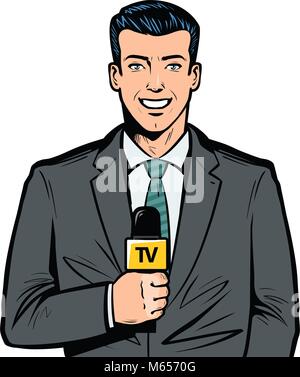 TV-Moderator mit Mikrophon in der Hand. Das Brechen von von Nachrichten, von von broadcast Konzept. Pop Art retro Vektor illustration Stock Vektor