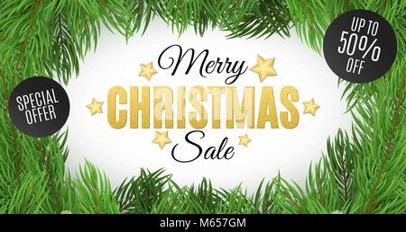 Weihnachten Verkauf. Text von golden glänzt. Spezielle Angebote, Rabatte bis zu 50 Prozent. Weihnachtsbaum auf einem weißen Hintergrund. Hintergrund für die Site, Ban Stock Vektor