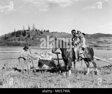 1920er drei gebürtige amerikanische KINDER AUF DEM PFERD IM GESPRÄCH MIT FRAU BRÄUNUNG AUSBLENDEN STONEY SIOUX ALBERTA KANADA - ich 921 HAR 001 HARS 1 JUGENDLICHEN STIL KOMMUNIKATION KANADA PFERDE KINDER LIFESTYLE GESCHICHTE WEIBLICHE BROTHERS HOME LEBEN KOPIEREN RAUM VOLLER LÄNGE DAMEN TÖCHTER INDER PFLEGE WESTERN TIERE RAUH GESCHWISTER SCHWESTERN NOSTALGIE NORDAMERIKA ZWEISAMKEIT HISTORISCHE NORTH AMERICAN REITERINNEN UND SÄUGETIERE AUSBLENDEN MAMMEN GESCHWISTER BESUCHEN NATIVE AMERICAN kleine Gruppe von Menschen, die kanadischen Rockies STONEY SIOUX ALBERTA JUGENDLICHE MÄNNER SÄUGETIER UV B&W SCHWARZ UND WEISS INDIGENEN ALTMODISCHE PERSONEN Stockfoto