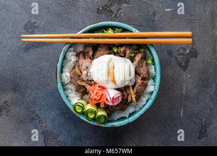 Ansicht von oben beef Bowl gyudon mit Reis und Ei Stockfoto