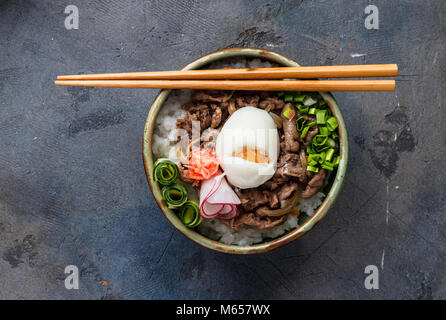 Ansicht von oben beef Bowl gyudon mit Reis und Ei Stockfoto