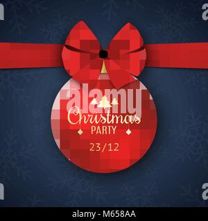 Einladung zur Weihnachtsfeier. Red Ball mit roter Schleife auf einem dunkelblauen Hintergrund mit Schneeflocken. Gold Text. Vector Illustration Stock Vektor