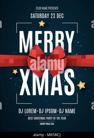 Einladung. Frohe Weihnachten. Red Ribbon auf einem dunkelblauen Hintergrund. Die Namen der DJ und Club. Weißer Text auf dunklem Hintergrund. Weißes, Staub und golden Sta Stock Vektor