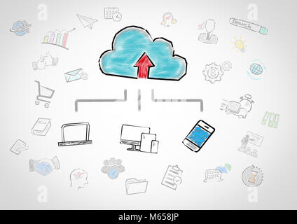 Cloud Technologie Konzept. Diagramm mit Stichworten und Symbole auf grauem Hintergrund Stockfoto