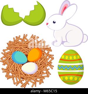 Cartoon Ostern Icon Set Eierschale bunny Hühnernest Icon Set. Stock Vektor