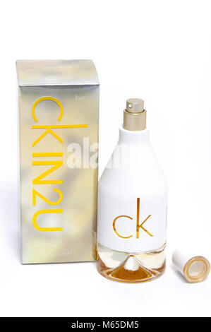 Calvin Klein Parfum, Flasche, Ck, in2u, Duft, Geist, Geruch, Produkt, Parfüm, Herren Parfüm Flasche, Parfum, Eau de Toilette Stockfoto