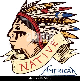 Native American. Alte rote Hautfarbe indisch. Etiketten und Abzeichen. Cherokee oder Apache, traditionelle Chief. graviert Hand in alte Skizze gezeichnet. Stock Vektor