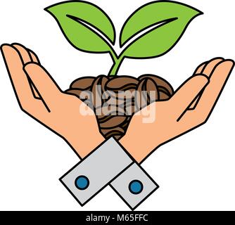 Hände mit Kaffee Samen und Blätter Pflanze Vector Illustration Design Stock Vektor