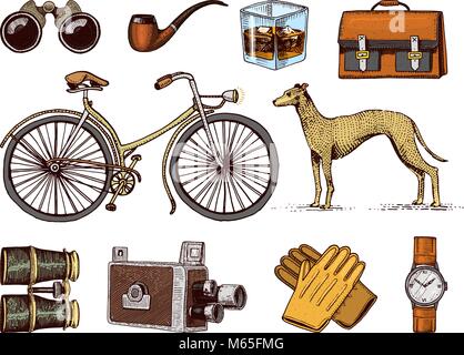 Gentleman Zubehör Hand gezeichnet. Der viktorianischen Ära. Fernglas und Kamera, mit dem Bike oder Fahrrad, Aktentasche, Armbanduhr, haferlschuhe, Zigarren, Rasierpinsel, Hund Whippet. Stock Vektor