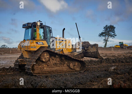 Bauarbeiter versuchen, ein reifer Baum zu speichern, wie Sie die Arbeit an einem Hillcrest Häuser und CPUK Website in Clitheroe, Lancashire beginnen. Stockfoto