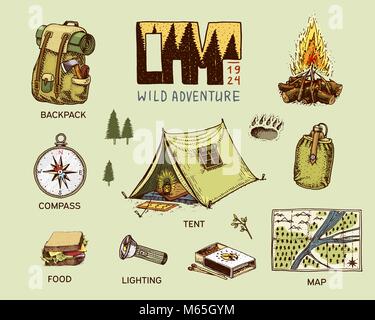 Camping Ausrüstung, outdoor adventure, Wandern. Reisende mit Gepäck. Tourismus Reise. graviert Hand in alte Skizze gezeichnet. Kompass und Karte, Zelt und Sandwich, Rucksack. Stock Vektor