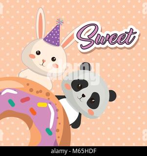 Cute bear Panda und Kaninchen kawaii Geburtstagskarte Stock Vektor