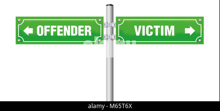 Täter Opfer street sign. Symbol für Scheidung, Trennung, für Abschied oder Verabschiedung - Abbildung auf weißem Hintergrund. Stockfoto