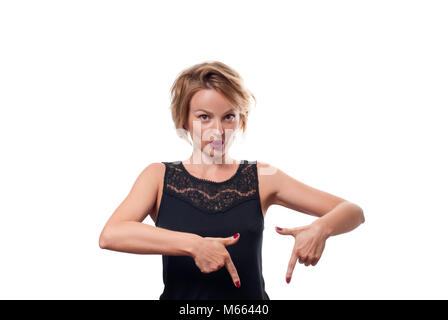 Die Frau ist, die auf einem Abonnement button Unten Stockfoto