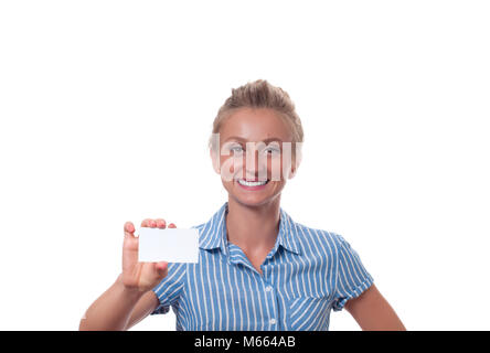 Junge schöne Frau mit blank Business Card mit Kopie Raum Stockfoto