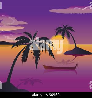 Tropische Meer Landschaft, schwarze Silhouetten Inseln mit Palmen, Wolken, Himmel mit Wolken, Sonne, Holz- Boot Stock Vektor