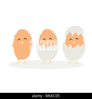 Cartoon niedlich Ostern baby chikens vom Ei auf weißem Hintergrund schraffiert Stock Vektor