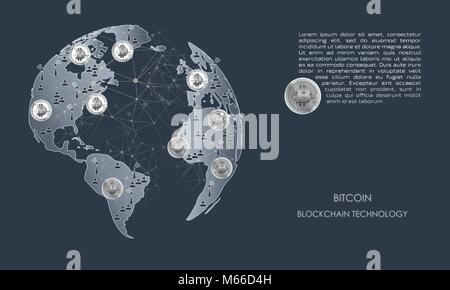 Welt blockchain Technologie. Banner mit dem Bild des Planeten, silber Bitcoins, Benutzer, Internetverbindung. Stock Vektor
