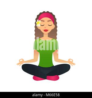 Cartoon junge schöne Mädchen üben Yoga in einer Lotus darstellen. Flache vektor Frauen meditiert und entspannt. Physische und Spirituelle Therapie Konzept. Geist Körper Geist. Dame in Lotus Position Stock Vektor