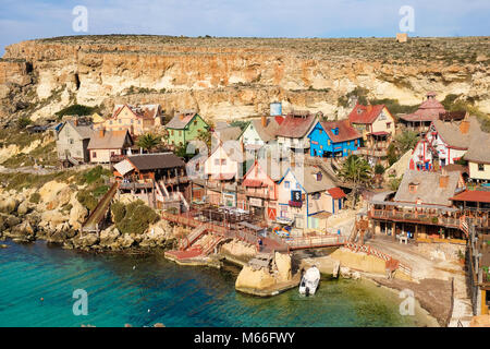 Poppeye Dorf, Malta. Berühmte Film- und Touristenattraktion auf der Insel. Stockfoto