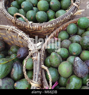 Grüne Avocados in Körben auf dem Marktplatz in Myanmar Stockfoto