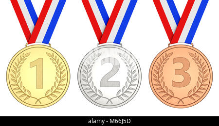 Gold, Silber, Bronze Medaille auf weißem Hintergrund 3D Rendering isoliert Stockfoto