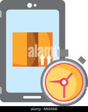Smartphone mit Box Paket und Chronometer Zeit Stock Vektor