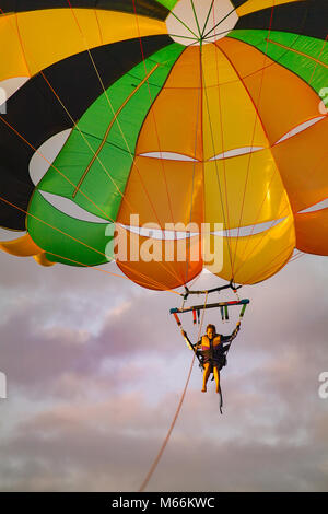 Parasailing über weiße Strand von Puerto Galers auf orientalische Insel Mindoro auf den Philippinen, in Souteast Asien. Stockfoto