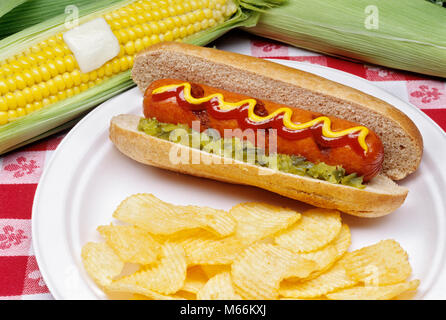 HOT DOG und KARTOFFELCHIPS UND MAISKOLBEN BEREIT FÜR DEN SOMMER PICKNICK-kf 36550 HAR 007 HARS CLOSE-UP HOT-DOG NAHRUNG WIENERS HOT DOG NAHRHAFTE KLEINE GRUPPE VON OBJEKTEN SENF KÖRNER HOT DOGS HOT DOGS JUNK FOOD COB FRANKFURTER FRANKS HOTDOGS SCHALE SCHALEN ICONIC ALTMODISCHE PAPIER PLATTE KARTOFFELCHIPS KARTOFFELCHIPS RELISH Stockfoto