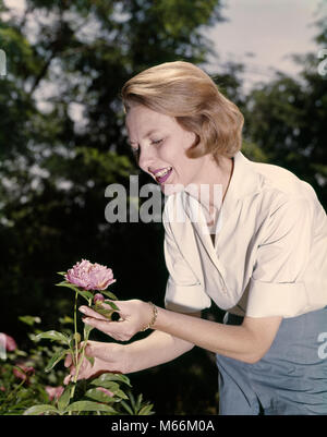 1960 lächelnde Frau in weißen Bluse tendenziell ROSA PFINGSTROSE im BLUMENGARTEN - kf 4315 HAR 001 HARS HALBE LÄNGE DAMEN GROWN-UP PFLEGE NOSTALGIE 30-35 Jahre 35-40 Jahre einzelnes Objekt GLÜCK FREIZEITAKTIVITÄTEN WAHL NIEDRIGEN WINKEL STOLZ BLUSE WACHSTUM LÄCHELT PFINGSTROSE FREUDIGE MITTE NACH MITTE DER ERWACHSENEN FRAU PFINGSTROSEN BEWUNDERN KAUKASISCHEN ETHNIE ALTMODISCHE PERSONEN TENDENZIELL Stockfoto