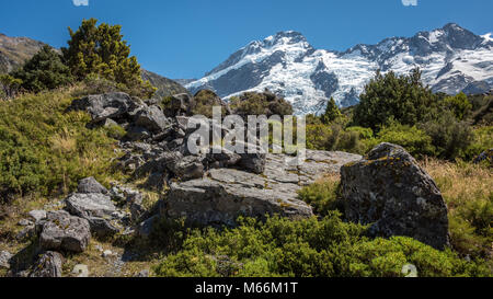 Blick von Hooker Valley Track, Mount Cook, Südinsel, Neuseeland Stockfoto