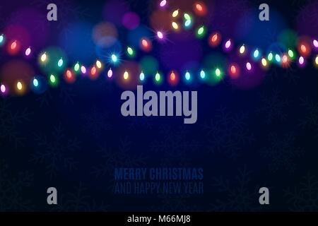 Weihnachten bunte Lichter auf einem dunklen Hintergrund. Schneeflocken in den Hintergrund. Celebratory Hintergrund. Mehrfarbige Blendung. Leuchtende Girlanden. Lumino Stock Vektor