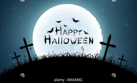 Happy Halloween. Friedhof mit Kreuzen gegen den Vollmond. Der Sternenhimmel. Spinnen, Fledermäuse und Spiderweb. Grunge Text. Vector Illustration Stock Vektor