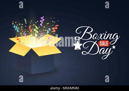 Boxing Day. Poster für den winter sale. Offenen dunklen Geschenkbox. Konfetti, bunt bunte Bänder. Weihnachten auf einem dunklen Hintergrund an. Vektor Stock Vektor