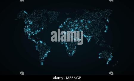 Abstrakte Welt Karte. Blaue Karte der Erde vom Platz Punkte. Dunkelblauen Hintergrund. Blau leuchtet. High Tech. Sci-fi-Technologie. Die großen Städte. Global Stock Vektor