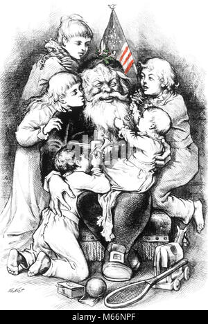 1880S THOMAS NAST ZEICHNUNG VON KINDERN UND SANTA CLAUS MIT ROT WEISS UND BLAU AMERICAN FLAG-kx 13204 NAW 001 HARS CLAUS HOME LEBEN KOPIEREN RAUM mit halber Länge innen älterer Mann SAINT älterer Erwachsener NOSTALGIE HISTORISCHE TRÄUME FREUDE UND AUFREGUNG SANTA CLAUS HOLLY GESICHTSBEHAARUNG. Dezember 25. Dezember 1880 s Kris Kringle ST. NICK KLEINE GRUPPE VON MENSCHEN DER WEIHNACHTSMANN JOLLY JUGENDLICHE MÄNNER NICHOLAS NAST ALTMODISCHE PERSONEN THOMAS NAST Stockfoto