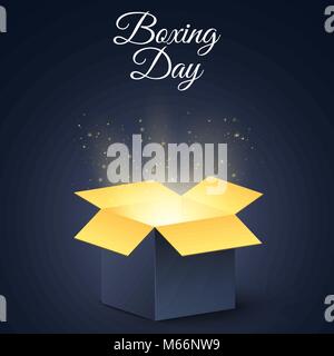 Happy Boxing Day. Eine dunkle, golden magic box. Weihnachten geheimnisvolle Geschenk. Plakat zum Verkauf. Vector Illustration Stock Vektor