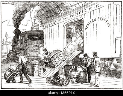 1890s Abbildung: CARGO TRUNKS KOFFER ENTLADEN VON GEPÄCK AUTO WESTERN EXPRESS ATLANTIC & Pacific Railroad-o 3281 HAR 001 HARS 1800 HISTORISCHEN ENTLADEN FORTSCHRITT INNOVATION 1890 KARREN LOKOMOTIVE LOKS EXPRESS MOBILITY KLEINE GRUPPE VON MENSCHEN MOTOREN MÄNNER MITTE erwachsenen Trunks junger erwachsener Mann ATLANTIC & PACIFIC B&W GEPÄCK SCHWARZE UND WEISSE BOXCAR DEPOT BERUFE ALTMODISCHE PERSONEN ENTLADEN Stockfoto