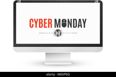 Moderne LCD-Monitor auf einen weißen Hintergrund mit einer Inschrift der Cyber Monday im Verkauf. Auf weissem Hintergrund. Computer Maus. Vector Illustration Stock Vektor