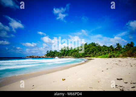 Schöne und wilde Lonely Beach mit Granitfelsen, weißer Sand, Palmen in einem Dschungel und das türkisblaue Wasser des Indischen Ozeans an der Polizei Bucht auf der se Stockfoto