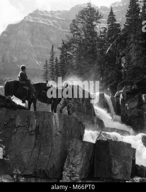 1930s PAAR FRAU AUF PFERD MANN STAND MIT DEM PFERD IN DER NÄHE VON WASSERFALL IN EINEM PINIENWALD RIESEN SCHRITTE PARADISE VALLEY ALBERTA KANADA - w2585 HAR 001 HARS EHEPARTNER EHEMÄNNER NATUR KOPIEREN RAUM FREUNDSCHAFT IN VOLLER LÄNGE DAMEN MALERISCHE INSPIRATION SATTEL RISIKO WESTERN TIERE PAARE RAUHE SPIRITUALITÄT NOSTALGIE ZWEISAMKEIT 25-30 Jahre 30-35 Jahre 35-40 Jahre FREIHEIT REITEN FRAUEN GLÜCK ZWEI TIERE SÄUGETIERE ABENTEUER DISCOVERY WASSERFALL ENTSPANNUNG ERHOLUNG IN DER NÄHE VON FELSEN, WÜSTE RIESEN PARADISE CANADIAN ROCKIES ROBUSTE WANDERREITEN ALBERTA INSPIRIERENDE MÄNNER SÄUGETIER Mitte - Mitte - erwachsenen Mann Mitte der erwachsenen Frau REMOTE Stockfoto