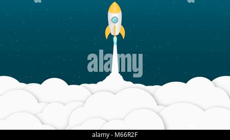Gelb cartoon Rocket. Hintergrund für ihre Projekte. Weiße Wolken. Werbeplakat für die Website. Vector Illustration in einem flachen Stil Stock Vektor