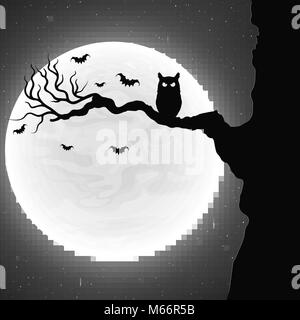 Schwarzen und weißen Hintergrund für die Halloween Party. Schwarze Eule auf dem Baum. Fledermäuse fliegen vor dem Hintergrund der Vollmond. Vector Illustration Stock Vektor